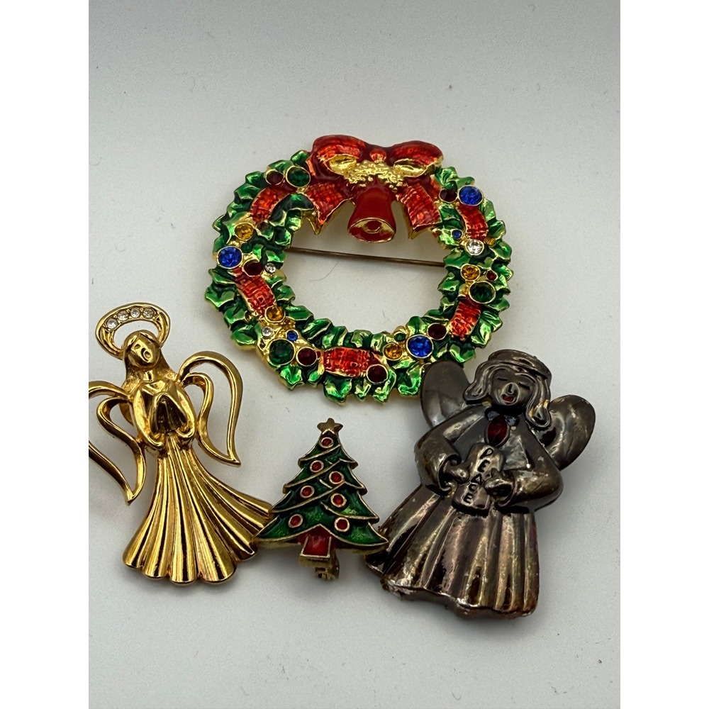 Vintage Christmas Brooches Pins Enamel Angel Wreath Christmas Tree